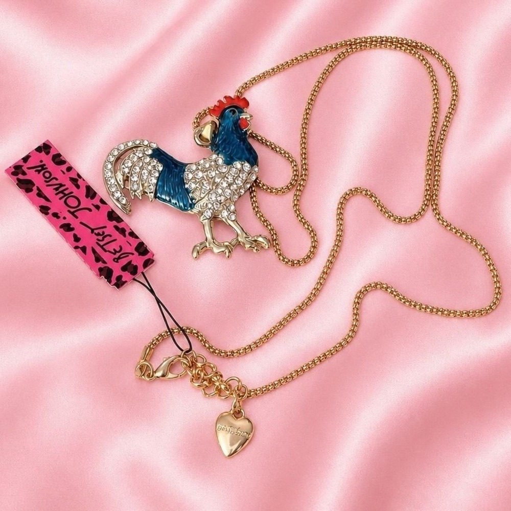 Betsey Johnson NWT Blue Enamel Rooster Crystal Pendant Gold Chain Necklace